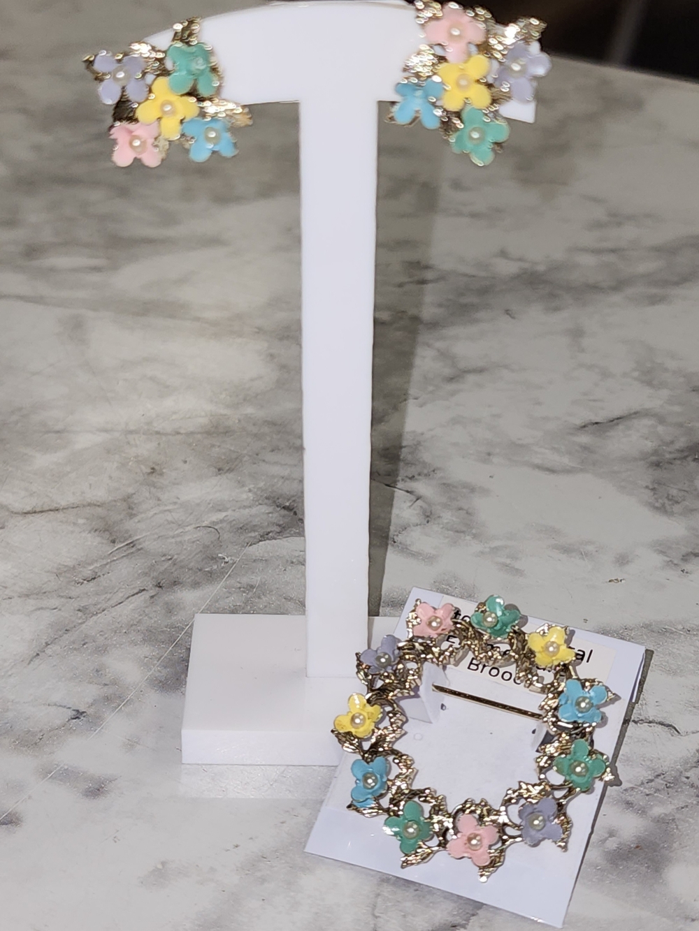 Vintagw Pastel Floral Enamel Brooch and Earrings Set